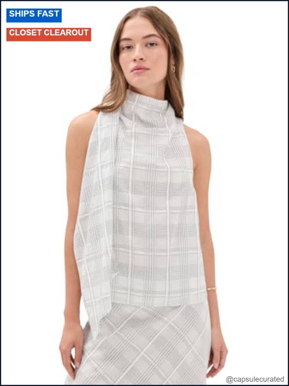 Mock Neck Sleeveless Plaid Top with Button Keyhole Back